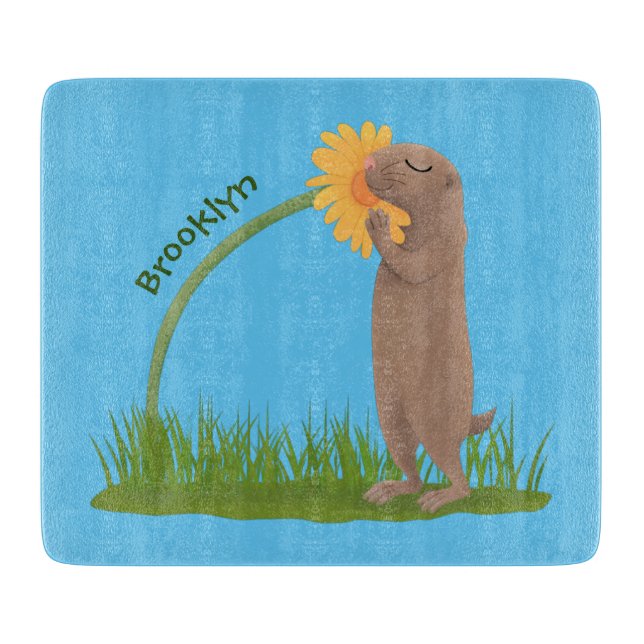 Cute prairie dog sniffing flower cartoon cutting board (Front)