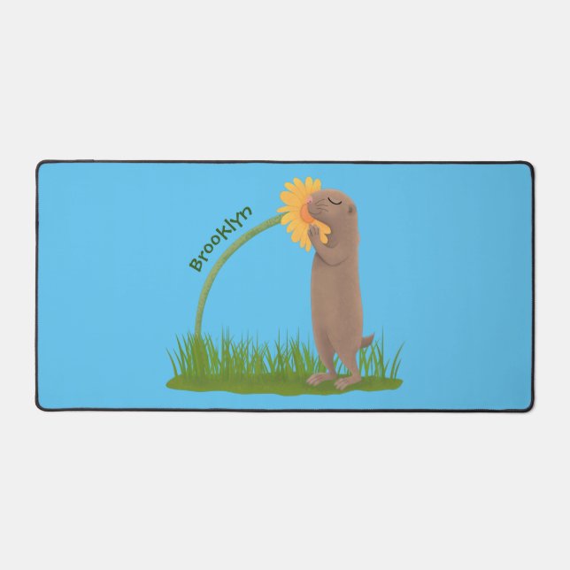 Cute prairie dog sniffing flower cartoon desk mat (Front)