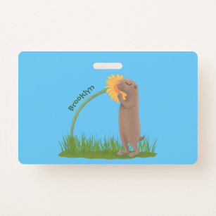 Cute prairie dog sniffing flower cartoon ID badge