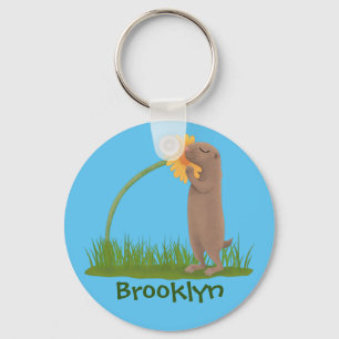 Cute prairie dog sniffing flower cartoon key ring