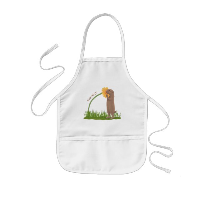 Cute prairie dog sniffing flower cartoon kids apron (Front)