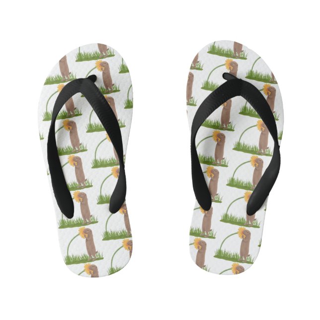Cute prairie dog sniffing flower cartoon kid's flip flops (Footbed)