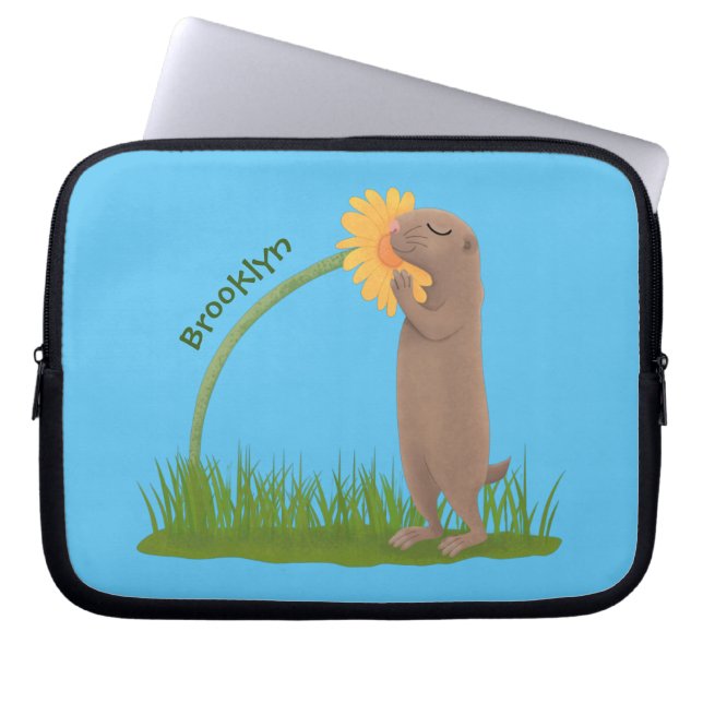 Cute prairie dog sniffing flower cartoon laptop sleeve (Front)