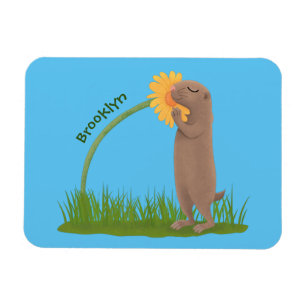 Cute prairie dog sniffing flower cartoon magnet