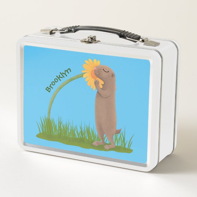Cute prairie dog sniffing flower cartoon metal lunch box (Front)