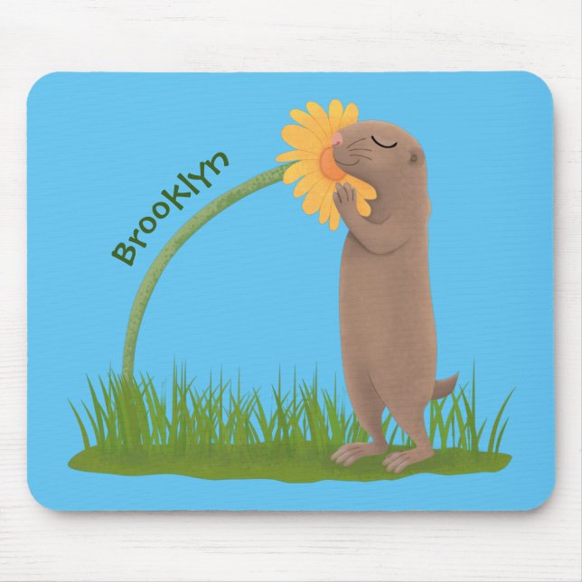 Cute prairie dog sniffing flower cartoon mouse mat (Front)