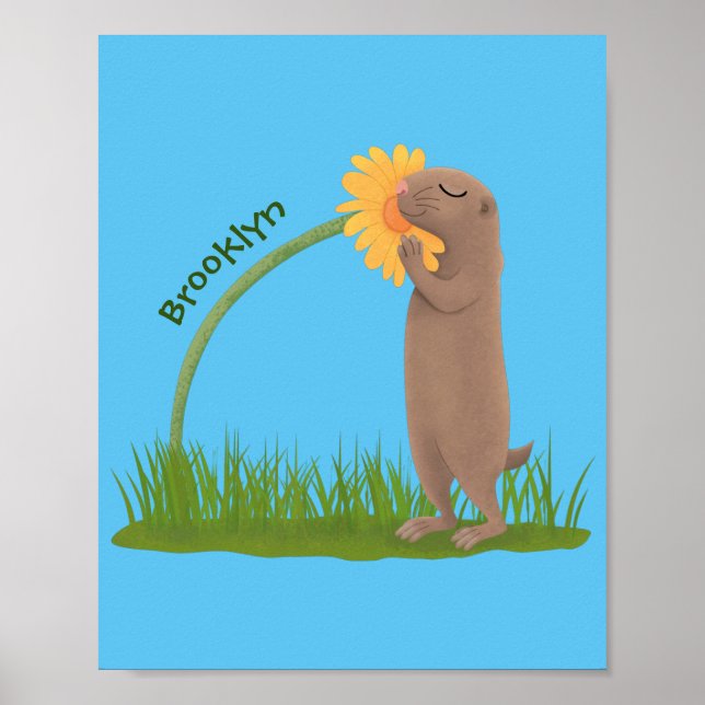 Cute prairie dog sniffing flower cartoon poster (Front)