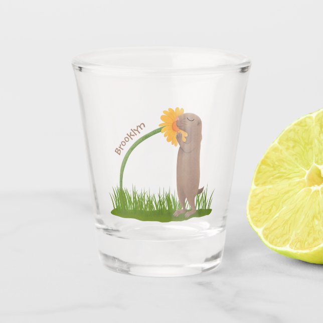 Cute prairie dog sniffing flower cartoon shot glass (Front)
