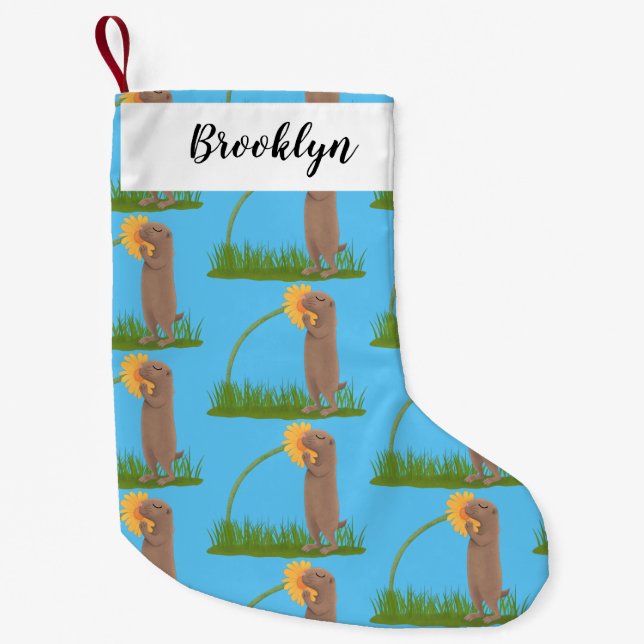 Cute prairie dog sniffing flower cartoon small christmas stocking (Front)