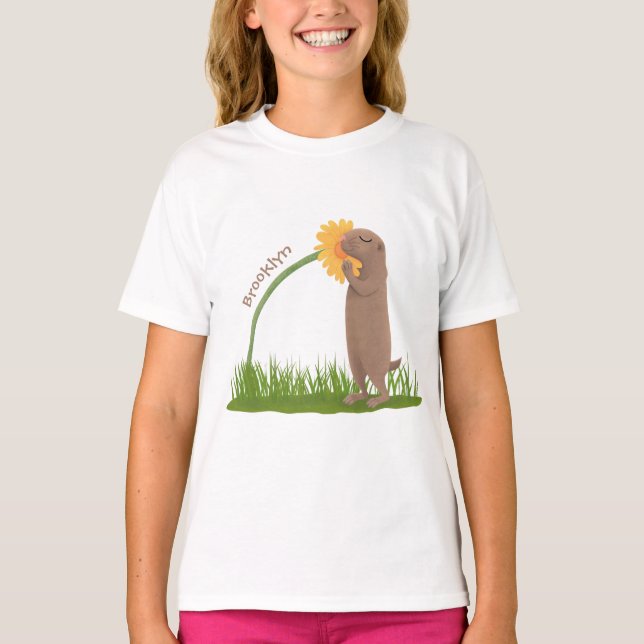 Cute prairie dog sniffing flower cartoon T-Shirt (Front)