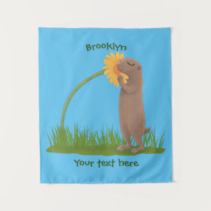 Cute prairie dog sniffing flower cartoon tapestry