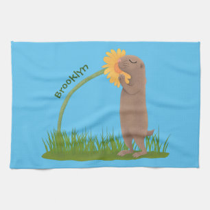 Cute prairie dog sniffing flower cartoon tea towel