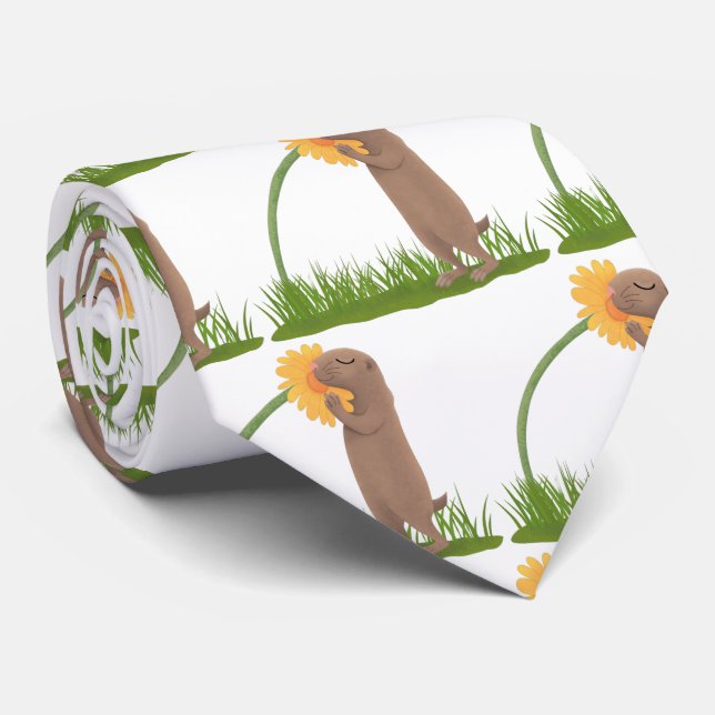 Cute prairie dog sniffing flower cartoon tie (Rolled)