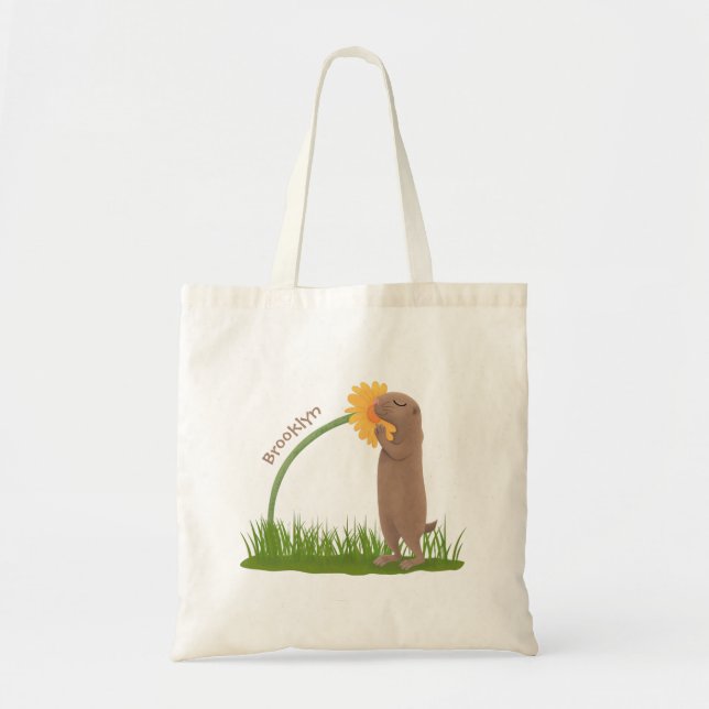 Cute prairie dog sniffing flower cartoon tote bag (Front)