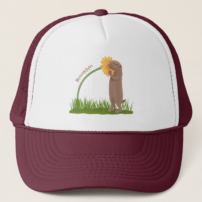 Cute prairie dog sniffing flower cartoon trucker hat (Front)