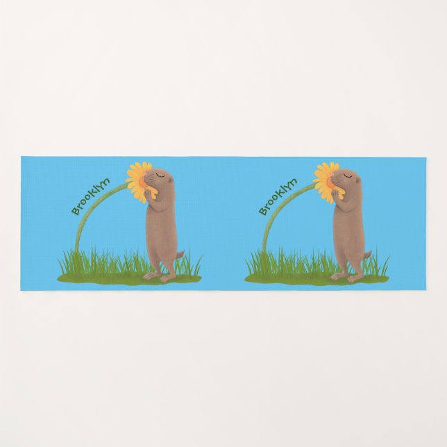Cute prairie dog sniffing flower cartoon yoga mat (Front (Horizontal))