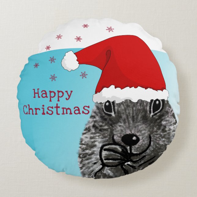Cute Prairie Dog with Santa Hat Happy Christmas Round Cushion (Front)