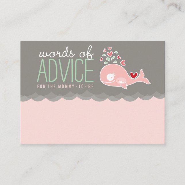 Cute Pregnant Pink Whale Baby Shower Game Mummy Advice Card (Front)