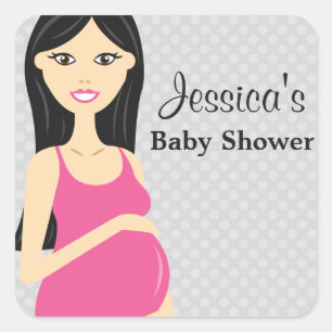 Cute Pregnant Woman In Pink Dress Baby Shower Square Sticker