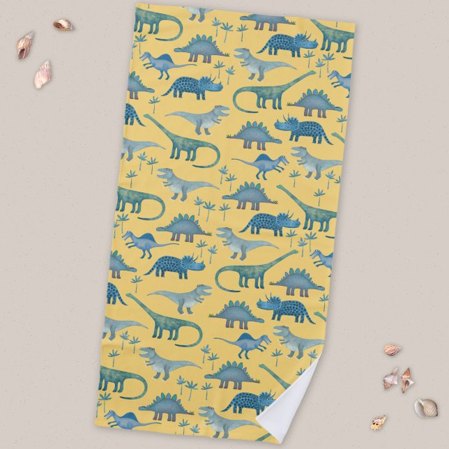 Cute Prehistoric Dinosaur Pattern Yellow Beach Towel (Fun prehistoric dinosaur pattern beach towel for paleontologists of all ages)