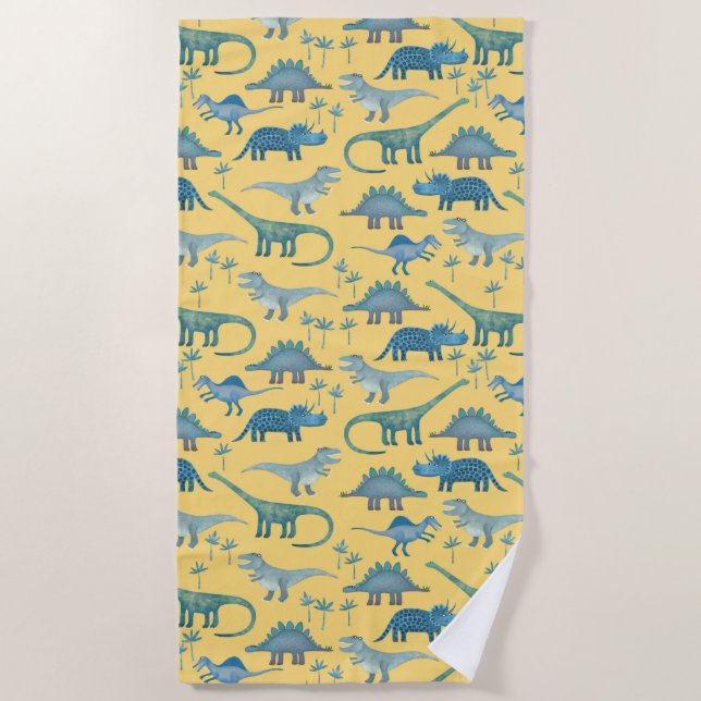Cute Prehistoric Dinosaur Pattern Yellow Beach Towel (Front)