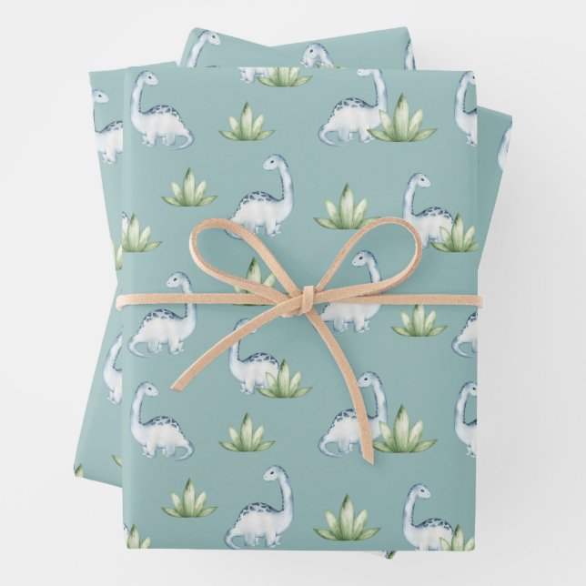 Cute Prehistoric Dinosaurs and Plants Pattern Wrapping Paper Sheet (In situ)