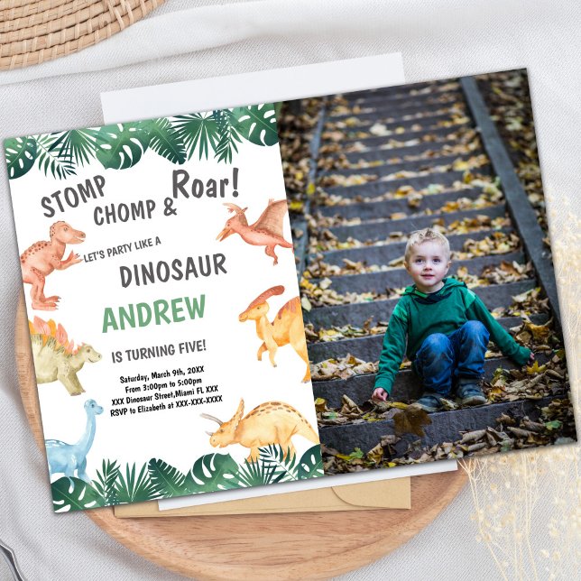 Cute Prehistoric Party for Kids Invitation (Green Dinosaur Birthday Invitations with photo)