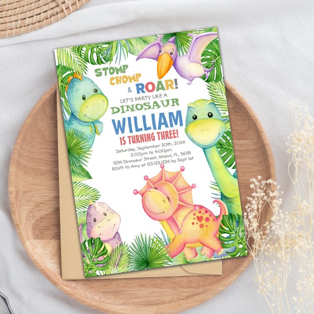 Cute Prehistoric Party Theme for Kids Invitation (Green watercolor Dinosaur Birthday Invitations)