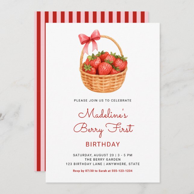 Cute Preppy Berry First Strawberry Birthday Invitation (Front/Back)