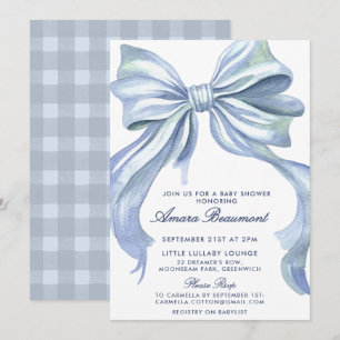 Cute Preppy Blue Bow & Gingham Girl Baby Shower Invitation