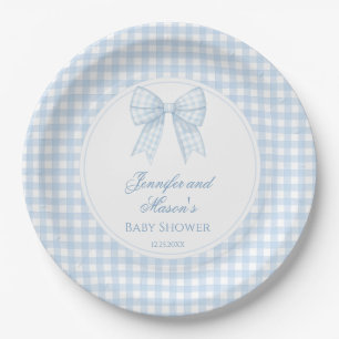 Cute preppy blue bow ribbon baby boy shower paper plate
