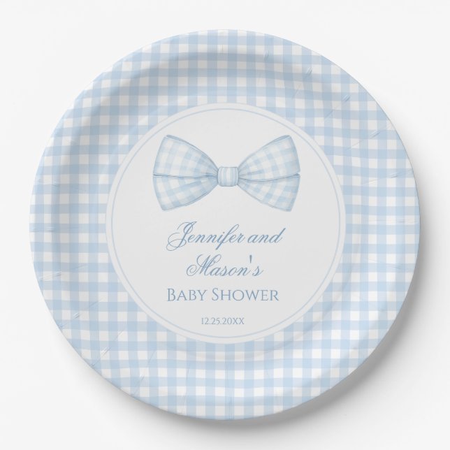 Cute preppy blue bow tie boho baby boy shower paper plate (Front)