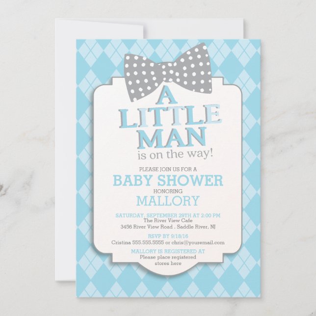 Cute Preppy Bow Tie Argyle Little Man Baby Shower Invitation (Front)