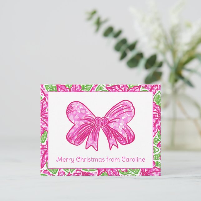 Cute Preppy Christmas Pink & Green Bow Holiday Postcard (Standing Front)
