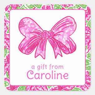 Cute Preppy Christmas Pink & Green Bow Square Sticker