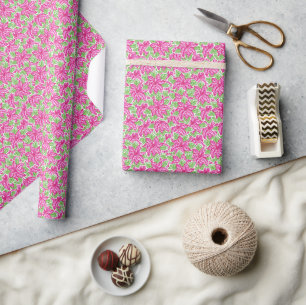 Cute Preppy Christmas Pink & Green Poinsettias Wrapping Paper