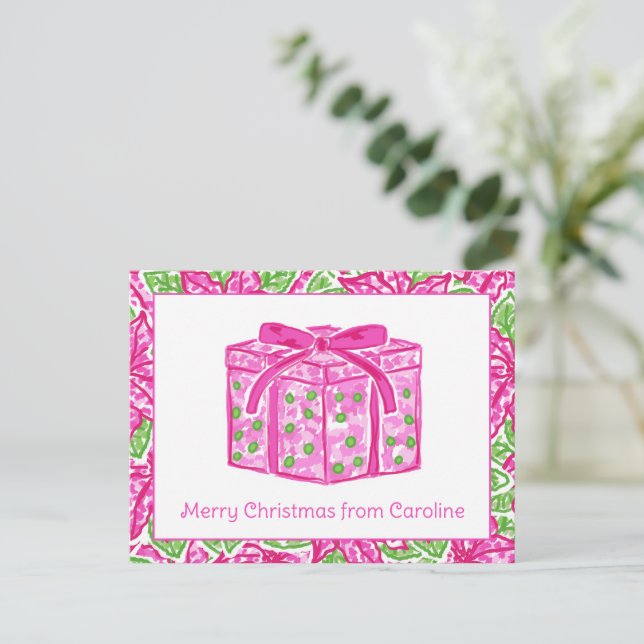 Cute Preppy Christmas Pink & Green Present Holiday Postcard (Standing Front)