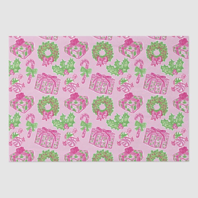 Cute Preppy Christmas Pink & Green Presents & Bows Tissue Paper (Front)