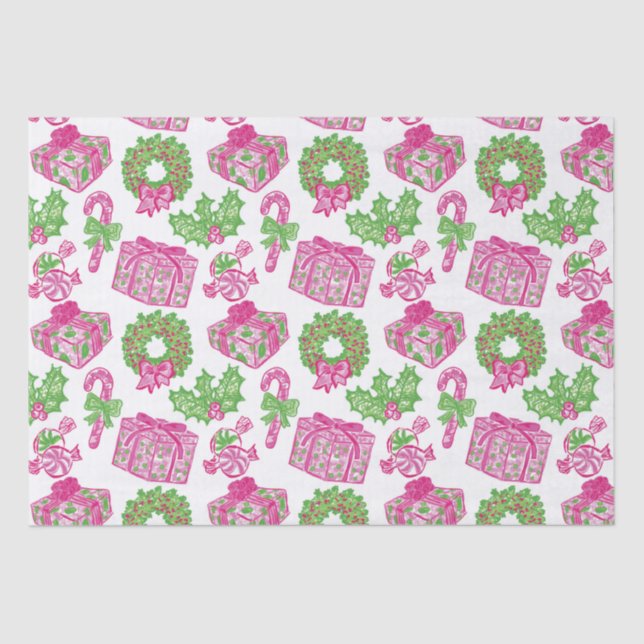 Cute Preppy Christmas Pink & Green Presents & Bows Tissue Paper (Front)