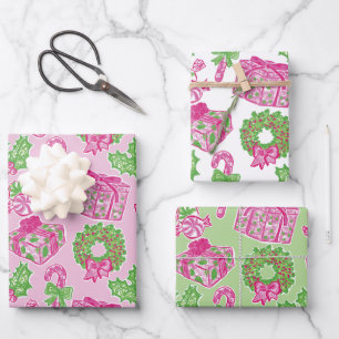 Cute Preppy Christmas Pink & Green Presents & Bows Wrapping Paper Sheet