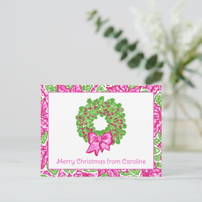 Cute Preppy Christmas Pink & Green Wreath  Holiday Postcard (Standing Front)