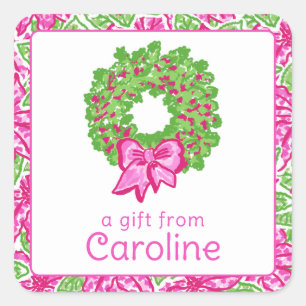 Cute Preppy Christmas Pink & Green Wreath Square Sticker