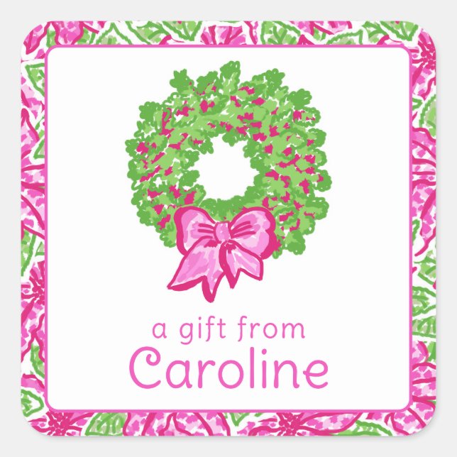 Cute Preppy Christmas Pink & Green Wreath  Square Sticker (Front)