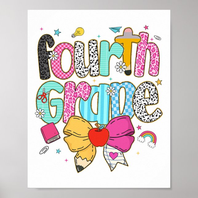 Cute Preppy Fourth Grade Teacher Leopard Coquette  Poster (Front)