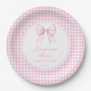 Cute preppy pink bow ribbon baby girl shower paper plate