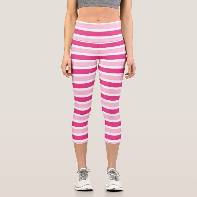 Cute Preppy Pink & White Stripes  Capri Leggings (Front)