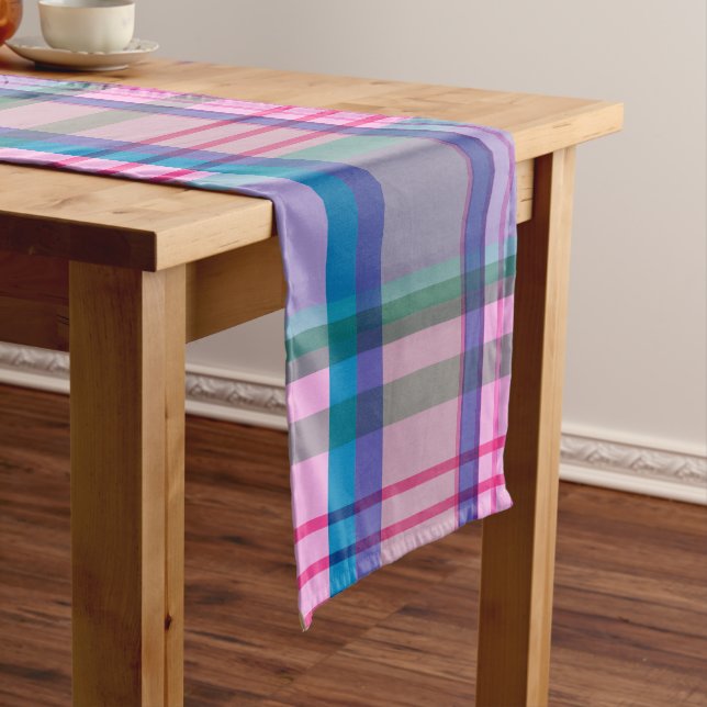 Cute Preppy Retro Plaid Pattern in Pink and Blue  Short Table Runner (In Situ)