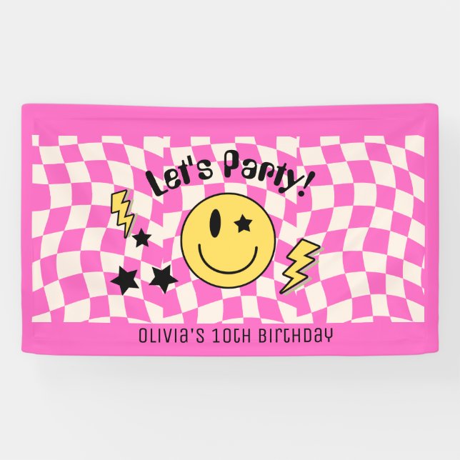 Cute Preppy Y2K Hot Pink Retro Birthday Banner (Horizontal)