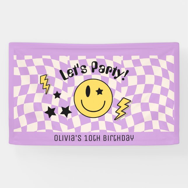 Cute Preppy Y2K Purple Retro Birthday Banner (Horizontal)