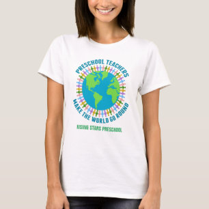Cute Preschool Teacher World Custom School Name T-Shirt